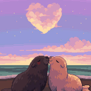 pixel art of two earred fur seals kissing, one gray and one white, on a beach, while blushing. in the background is a bunch of clouds in the distance and one of the clouds is shaped like a heart. the sun is setting giving the image a warm mood.